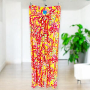 Caribbean Joe NWT Floral Palazzo Wide Leg Pants Yellow Pink Coverup Size Medium